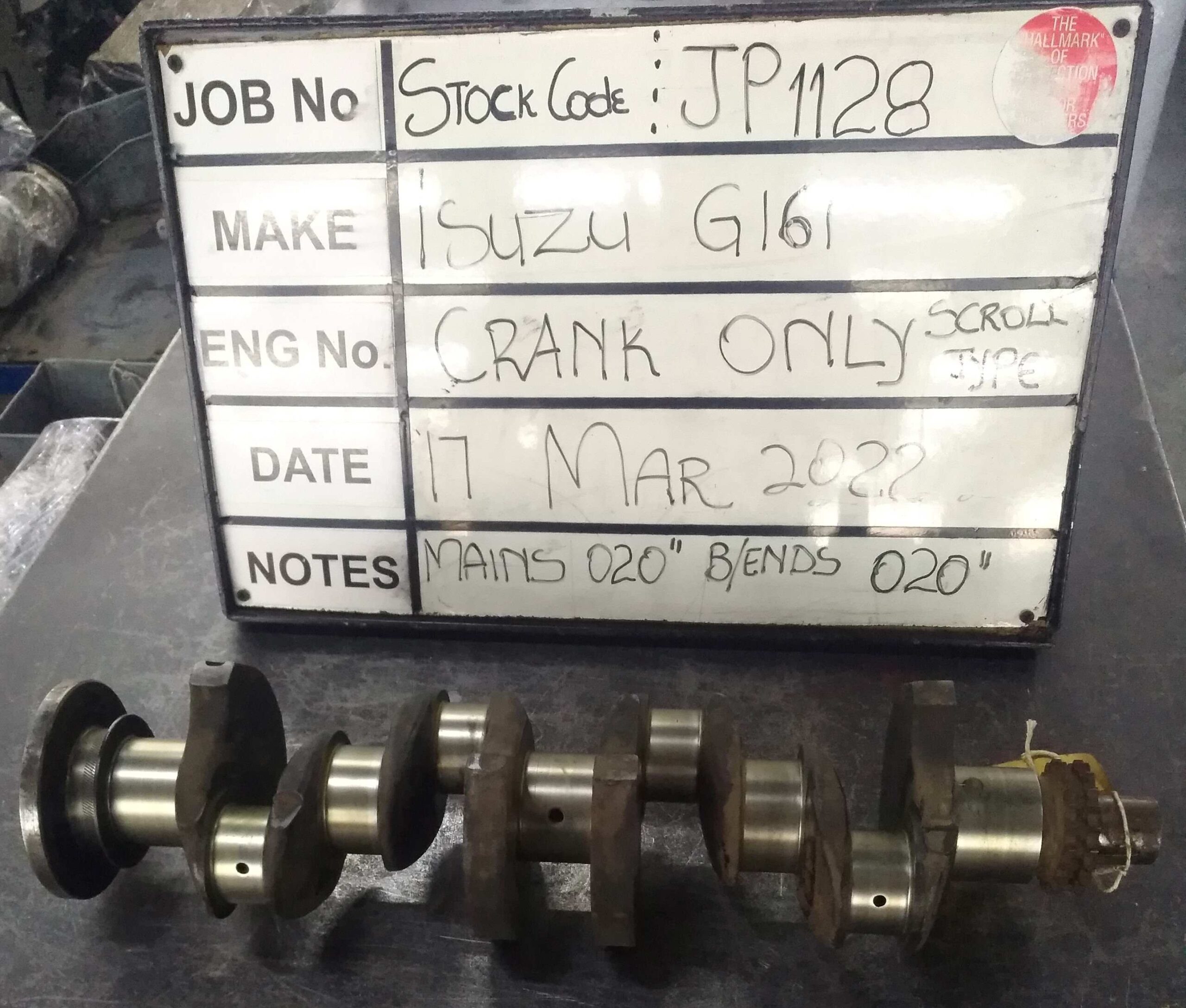 Isuzu G161 Crank Mains 020, B/Ends 020 S/Code JP1128